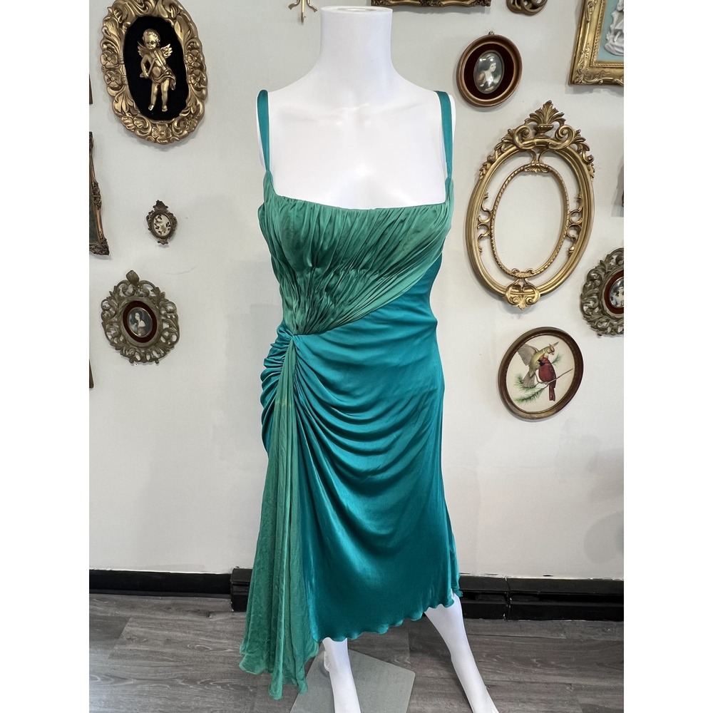 Roberto Cavalli Green Silk Viscose Draped Asymmetric Cocktail Midi Dress Size 38